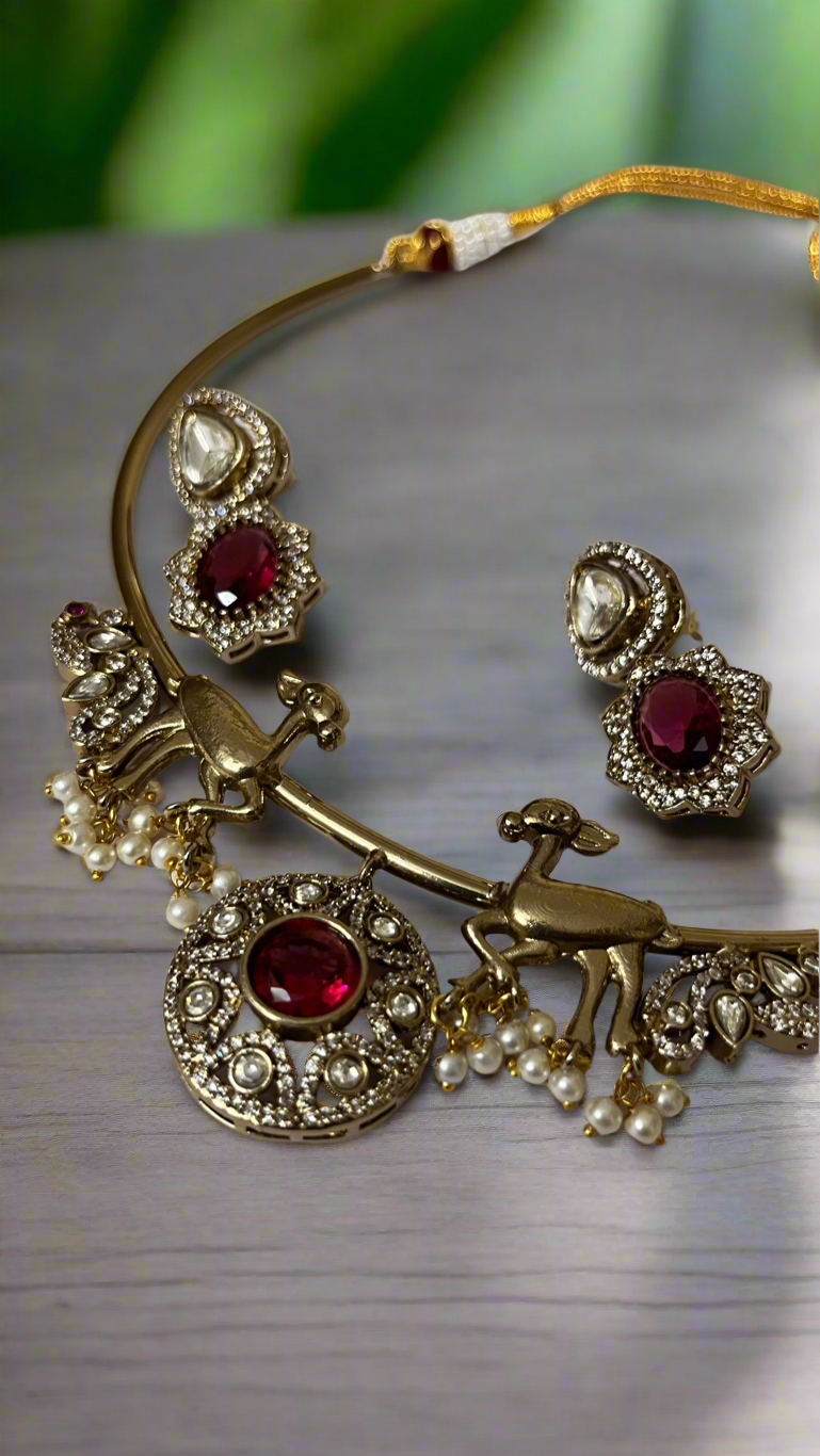 Mayura Mriga Brass Kundan Choker Set with Red Stones & Earrings