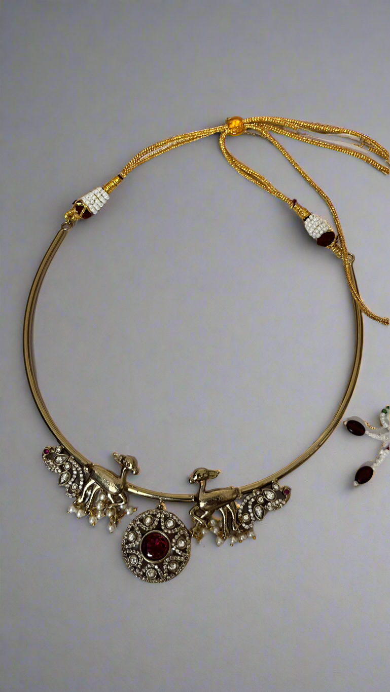 Mayura Mriga Brass Kundan Choker Set with Red Stones & Earrings