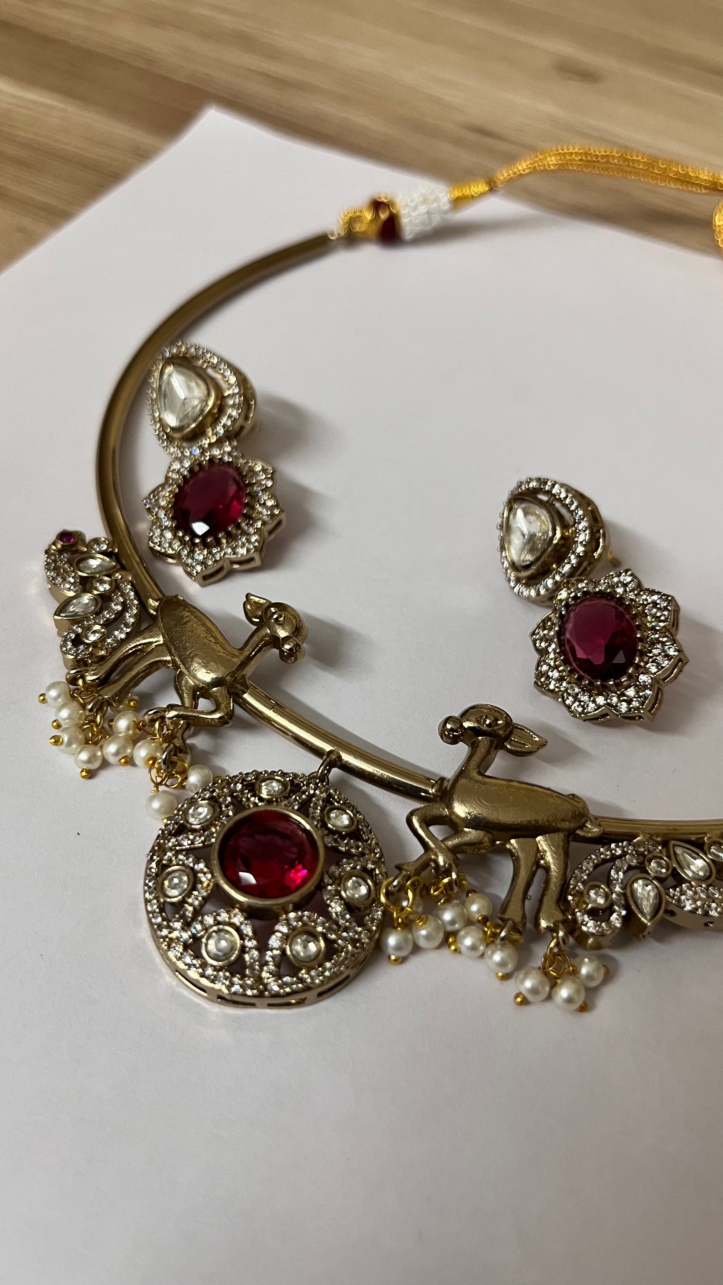 Mayura Mriga Brass Kundan Choker Set with Red Stones & Earrings