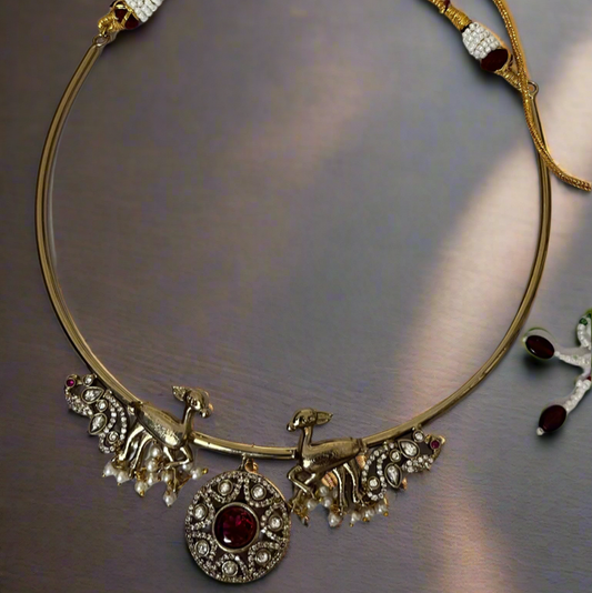 Mayura Mriga Brass Kundan Choker Set with Red Stones & Earrings