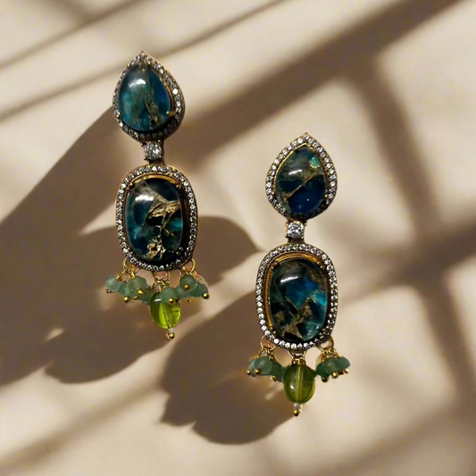 Jaipur-Inspired Blue Drop Marble Earrings with Green Accents - Special Moments