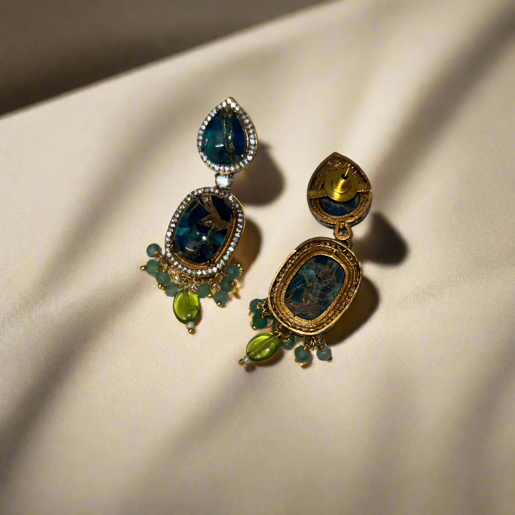 Jaipur-Inspired Blue Drop Marble Earrings with Green Accents - Special Moments