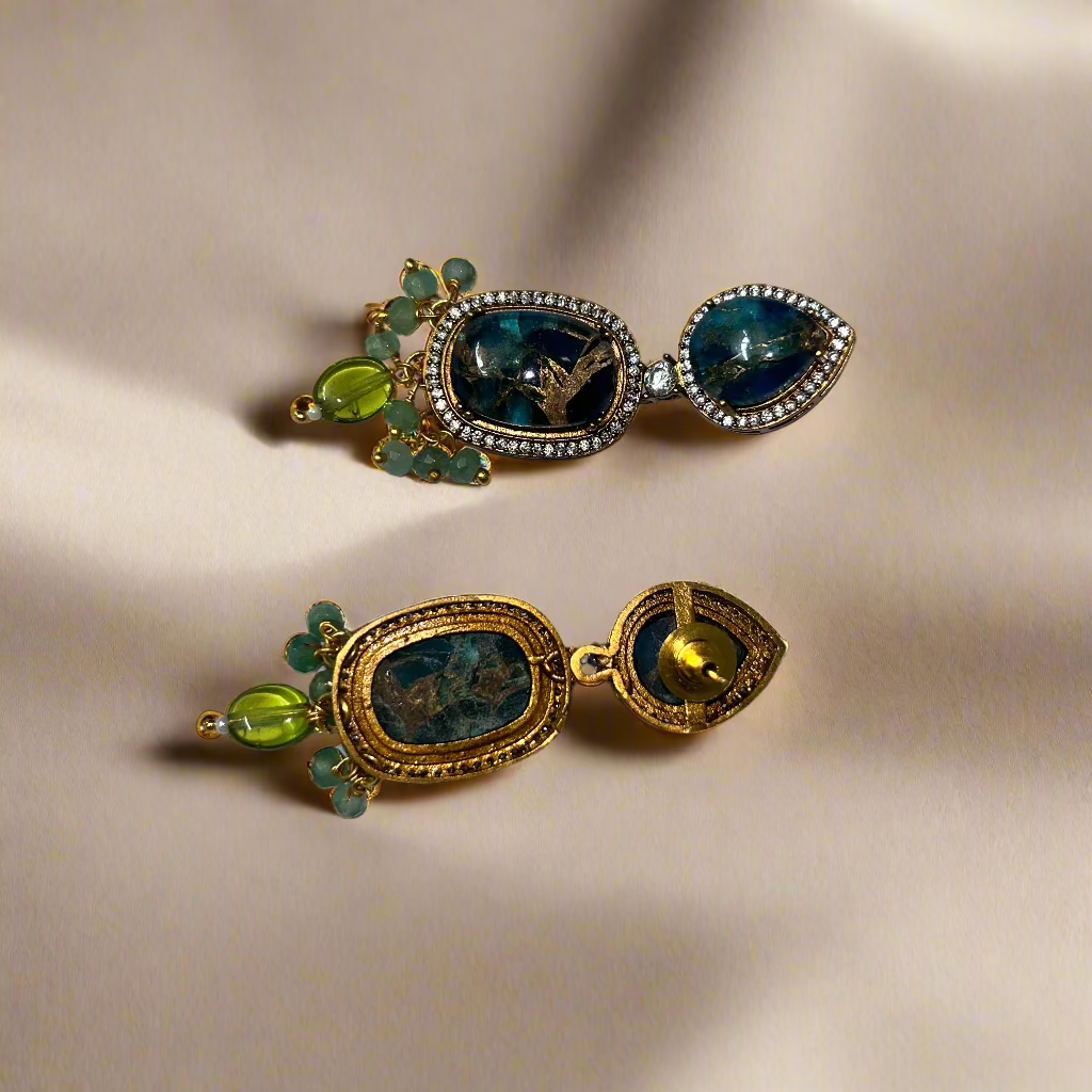 Jaipur-Inspired Blue Drop Marble Earrings with Green Accents - Special Moments